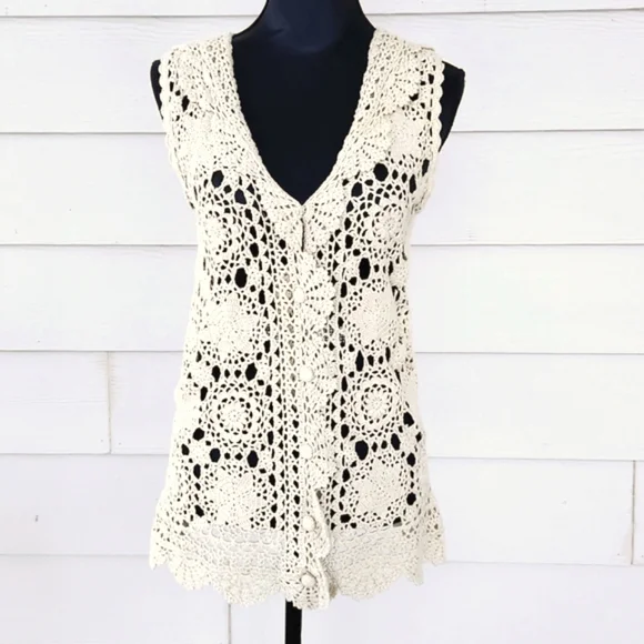 VTG Crochet Lace Ecru Beige Cream COLOUR EIGHTEEN Long Tunic Vest Mini Dress (M) - Picture 11 of 11